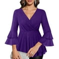 thumbnail image 1 of ClodeEU Women's Ruffle Trim 3/4 Sleeve V Neck Sparkly Blouse,Lightweight Double Layer Dressy Top Purple,Womens Plus M, 1 of 6