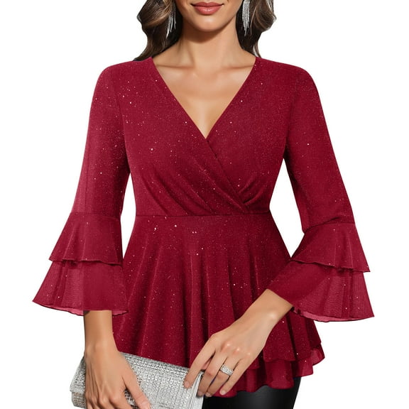 ClodeEU Women's Ruffle Trim 3/4 Sleeve V Neck Sparkly Blouse,Lightweight Double Layer Dressy Top Red,Womens Plus S