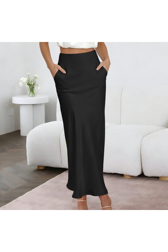 Women's Satin A Line Skirt with Side Pockets,Solid Color Silky Midi Skirt Black,Women's Plus M