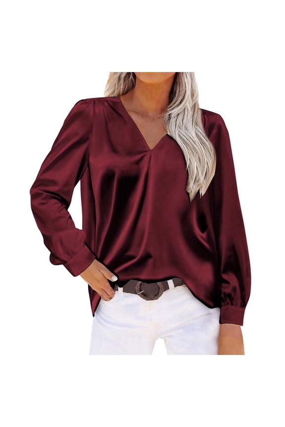 Women's Satin Crinkle V Neck Relaxed Long Sleeve Blouse,Loose Blouse Shirt Tunic Top Wine,Womens Plus XXL