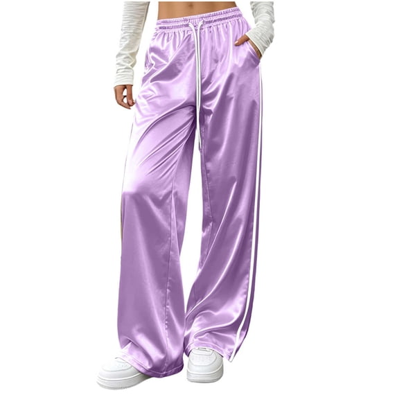 ClodeEU Women's Satin Elastic High Waisted Straight Leg Pants with Pockets ,Solid Color Casual Long Trousers Purple,Women's Plus M