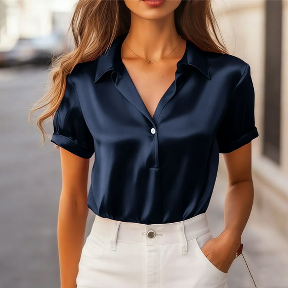 ClodeEU Women's Satin Half Button Notched Lapel Short Sleeve Shirts,Casual Office Blouse Navy,Womens Plus S