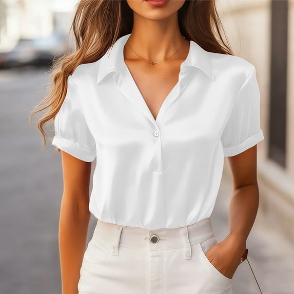 ClodeEU Women's Satin Half Button Notched Lapel Short Sleeve Shirts,Casual Office Blouse White,Womens Plus XL