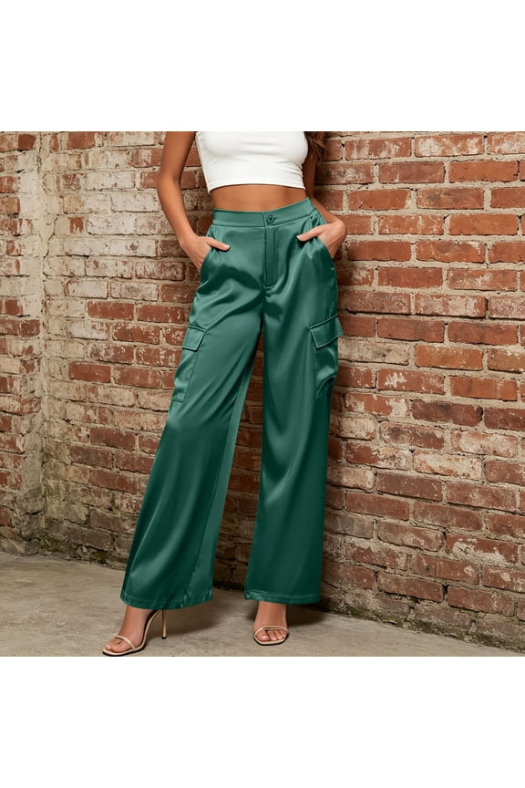 Women's Satin High Waist Wide Leg Cargo Pants,Solid Color Casual Long Trousers Green,Women's Plus XXL