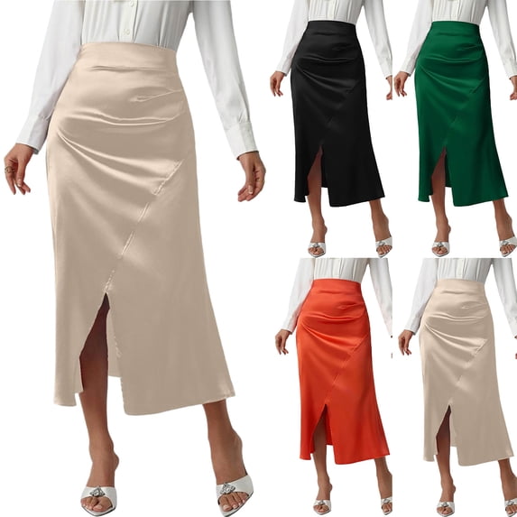ClodeEU Women's Satin High Waisted Side Split Maxi Skirt ,Elastic Waistband Long Silk A-Line Skirts Black,Womens Plus L