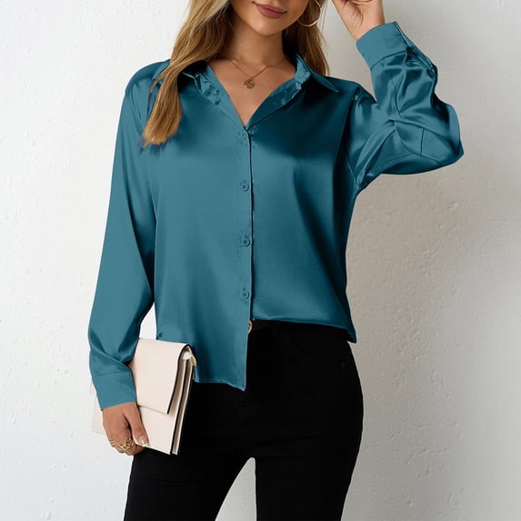 ClodeEU Women's Satin Long Sleeve Button Down Shirt,Casual Silky Dress Shirt Army Green,Women's Plus XL