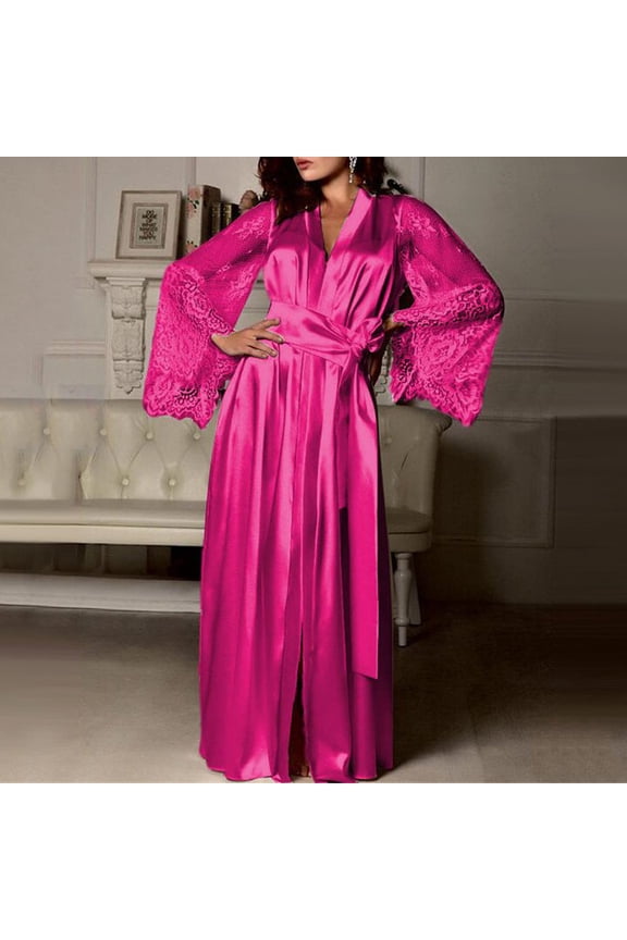 Women's Satin Mesh Flared Sleeves Long Kimono Robe,Dressing Gown Silk Bathrobe Cover Up Hot Pink,Womens Plus S