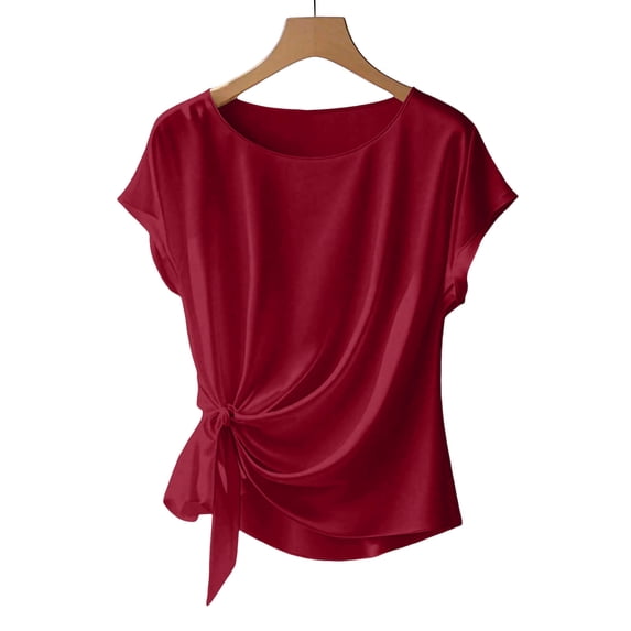 ClodeEU Women's Satin Round Neck Short Sleeve Blouse with Side Tie Knot,Loose Fit Casual Trendy Tops Red,Womens Plus XL