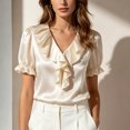 thumbnail image 1 of ClodeEU Women's Satin Ruff V Neck Puff Short Sleeve Blouse,Elegant Dressy Silky Top Beige,Women's Plus L, 1 of 6