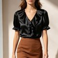 thumbnail image 1 of ClodeEU Women's Satin Ruff V Neck Puff Short Sleeve Blouse,Elegant Dressy Silky Top Black,Women's Plus XL, 1 of 6