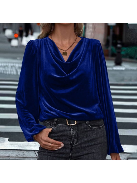 Women's Satin Silky Cowl Neck Drape Ruched Blouse,Trendy Fashion Long Sleeve Work Tops Blue,Womens Plus XXXL
