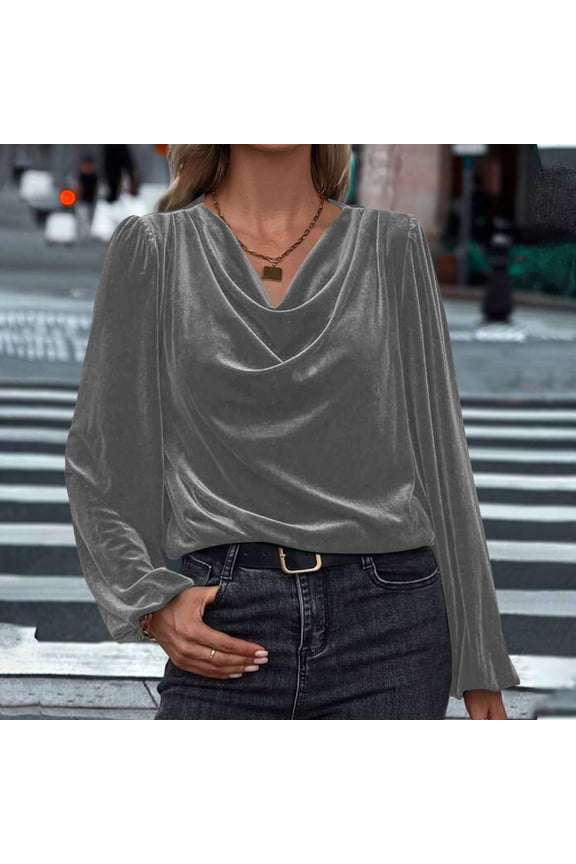 Women's Satin Silky Cowl Neck Drape Ruched Blouse,Trendy Fashion Long Sleeve Work Tops Gray,Womens Plus S