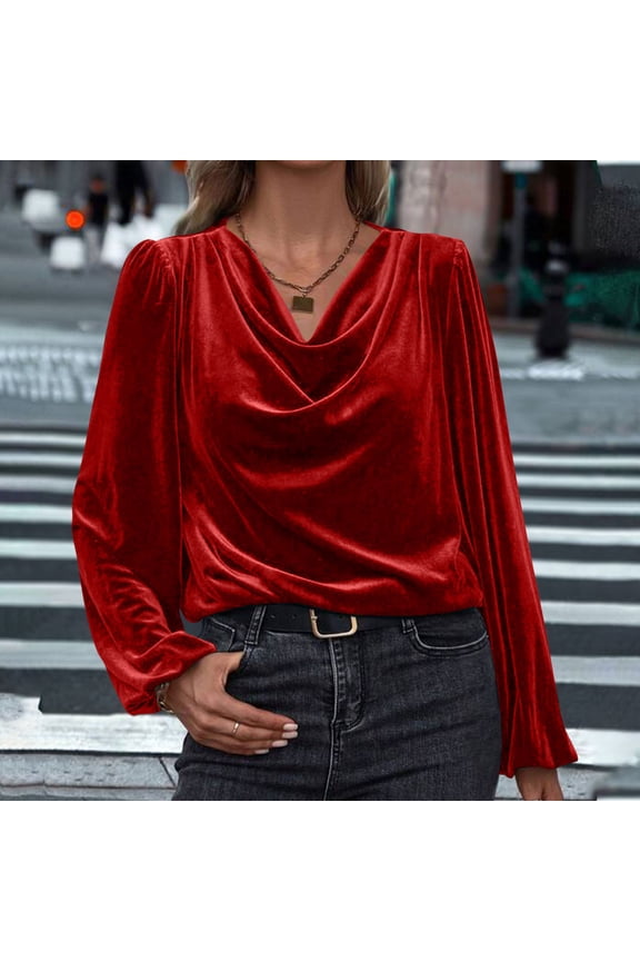 Women's Satin Silky Cowl Neck Drape Ruched Blouse,Trendy Fashion Long Sleeve Work Tops Red,Womens Plus M