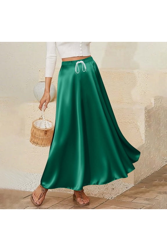 U Women's Satin Skirt Silk Elegant High Wais Flared Midi Skirts ,Fashion Cozy Skirt Green,Womens Plus XXL