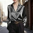 thumbnail image 1 of ClodeEU Women's Satin Striped Blouse ,Button Up V Neeck Silk Slim Shirt, Work Office Tops Gray,Womens Plus M, 1 of 7