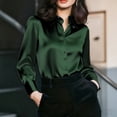 thumbnail image 1 of ClodeEU Women's Satin V Neck Long Sleeve Button Down Blouse,Casual Loose Fit Office Shirt Top Green,Women's Plus XL, 1 of 5