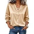 thumbnail image 1 of ClodeEU Women's Satin V Neck Ruff Cuff 3/4 Sleeve Button Down Blouse, Casual Silky Work Shirt Top Beige,Women's Plus L, 1 of 9
