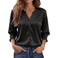 thumbnail image 1 of ClodeEU Women's Satin V Neck Ruff Cuff 3/4 Sleeve Button Down Blouse, Casual Silky Work Shirt Top Black,Women's Plus M, 1 of 9