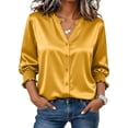 thumbnail image 1 of ClodeEU Women's Satin V Neck Ruff Cuff 3/4 Sleeve Button Down Blouse, Casual Silky Work Shirt Top Yellow,Women's Plus M, 1 of 9