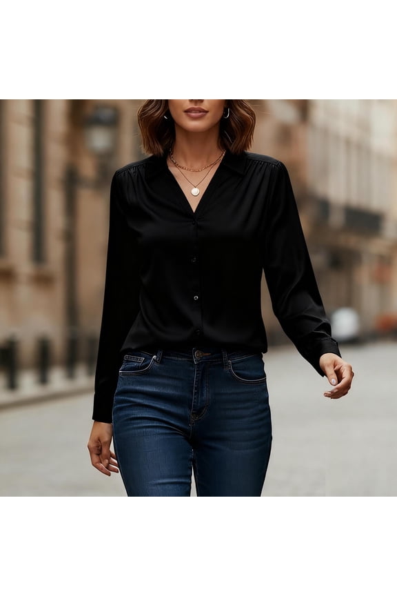 Women's Satin slick V Neck Shirt,Long Sleeve Slim Trendy Work Blouse Black,Womens Plus XL