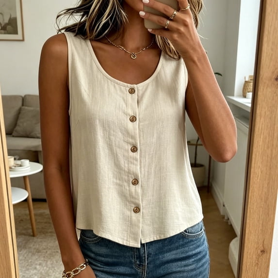ClodeEU Women's Scoop Neck Button Down Sleeveless Tank Top,Casual Blouse for Summer Beige,Women's Plus S