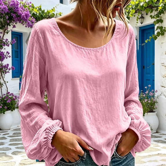 ClodeEU Women's Scoop Neck Long Sleeve Linen Blend Blouse,Casual Loose Fit Lantern Sleeve Top Pink,Women's Plus S