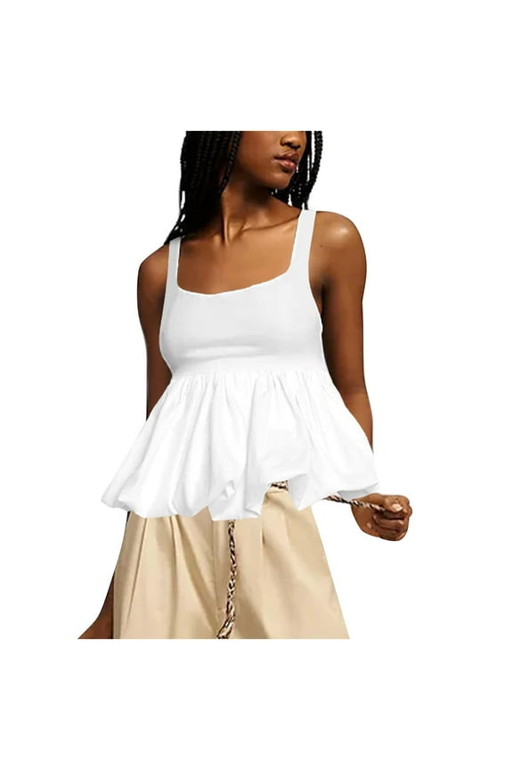 Women's Scoop Neck Ruffle Bubble Hem Cami ,Spaghetti Strap Babydoll Flowy Sleeveless Tank Top White,Womens Plus M