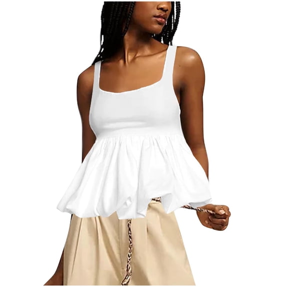 ClodeEU Women's Scoop Neck Ruffle Bubble Hem Cami ,Spaghetti Strap Babydoll Flowy Sleeveless Tank Top White,Womens Plus S