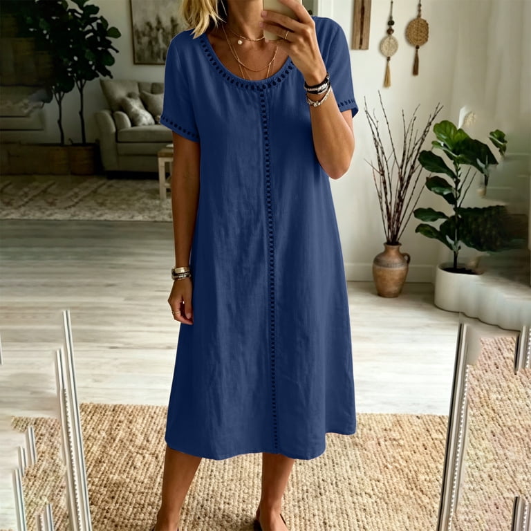 ClodeEU Women's Scoop Neck Short Sleeve Midi Dress with Cutout Patchwork,Casual Loose Summer Dress Blue,Women's Plus XXL