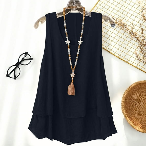 ClodeEU Women's Scoop Neck Sleeveless Chiffon Tank Top ,Double Layers Casual Blouse Tunic Navy,Womens Plus L