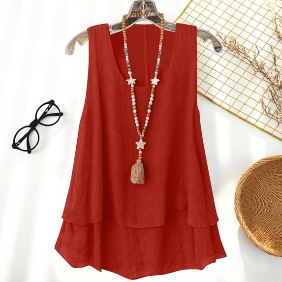 ClodeEU Women's Scoop Neck Sleeveless Chiffon Tank Top ,Double Layers Casual Blouse Tunic Red,Womens Plus XL