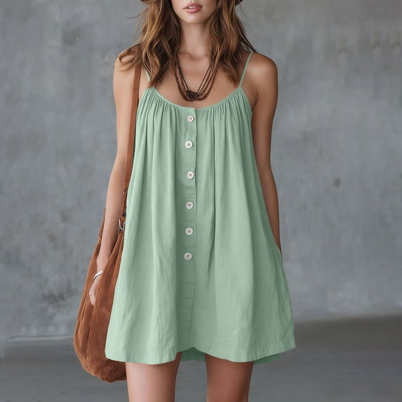 ClodeEU Women's Scoop Neck Spaghetti Strap Button Mini Dress,Casual A-Line Sundress Mint Green,Women's Plus S