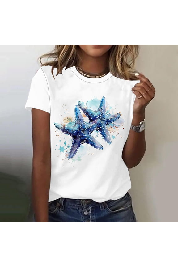 Women's Sea Turtle Print Short Sleeve T-Shirt,Casual Crewneck Tunic Trendy Tee White,Womens Plus M