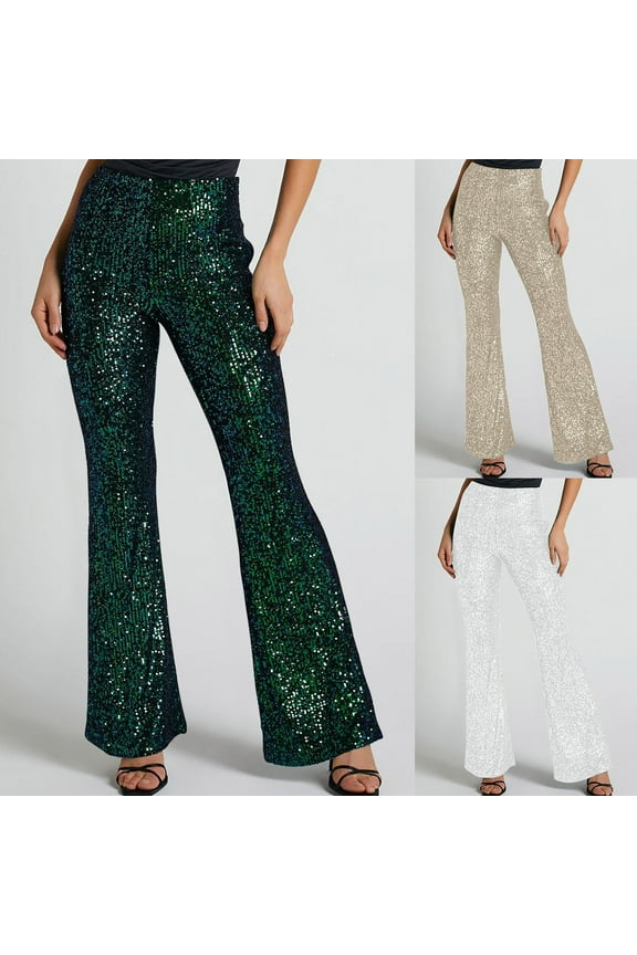 Women's Sequin High Rise Flare Pants, Bodycon Strentch Evening Trousers Green,Womens Plus M