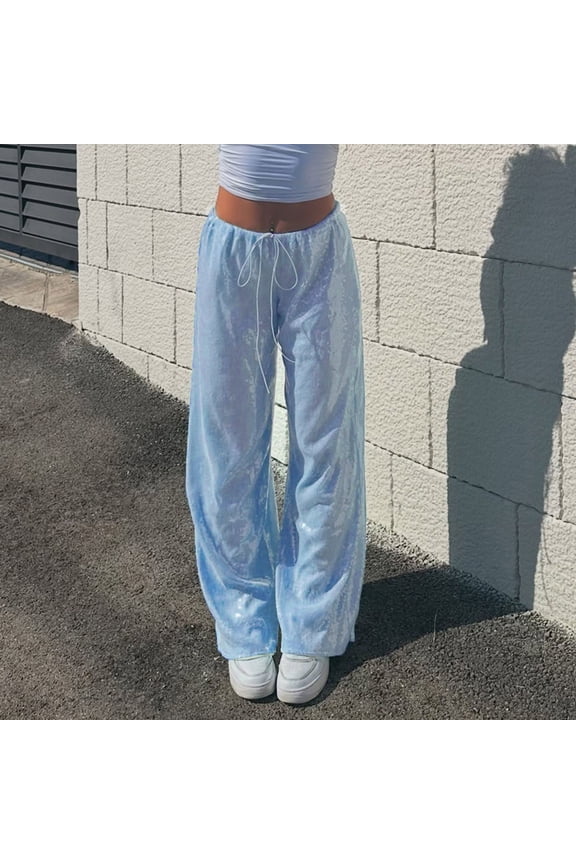 Women's Sequin High Waist Straight Leg Pant With Drawstring,Fashions Loose Trousers Blue,Womens Plus L