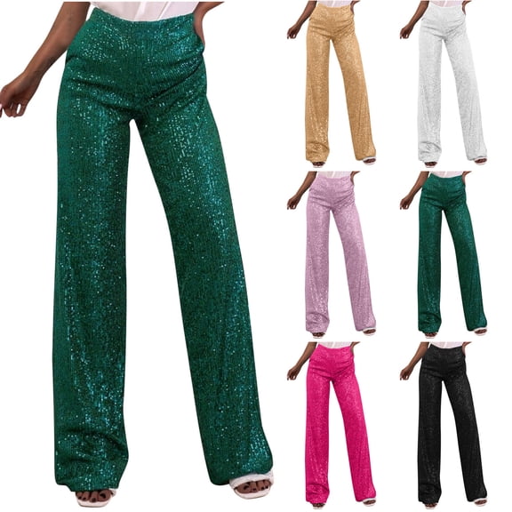 ClodeEU Women's Sequin High Waisted Trousers ,Straight Leg Party Pants for a Glam Look Gold,Womens Plus L