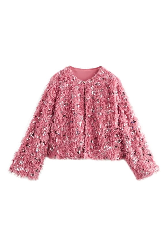 Women's Sequin Jacket ,Oversized Long Sleeve Faux Fur Coat with Sequin,Fashion Sequin Jacket Hot Pink,Womens Plus M