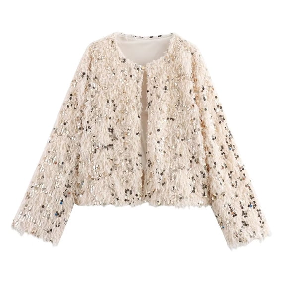 ClodeEU Women's Sequin Jacket ,Oversized Long Sleeve Faux Fur Coat with Sequin,Fashion Sequin Jacket White,Womens Plus L