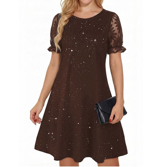 ClodeEU Women's Sequin Lace Short Sleeve A Line T-Shirt Dress ,Casual Swing Dress Coffee,Womens Plus L