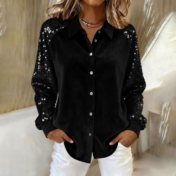 ClodeEU Women's Sequin Panel Sleeve Shirts,Lapel Button Shirts,Long Sleeve Loose Blouse Black,Womens Plus XXL