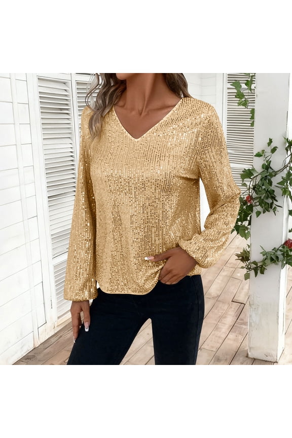 Women's Sequin Shirts,Long Sleeve V Neck Sparkly Top,Casual Trendy T Shirts Gold,Womens Plus S