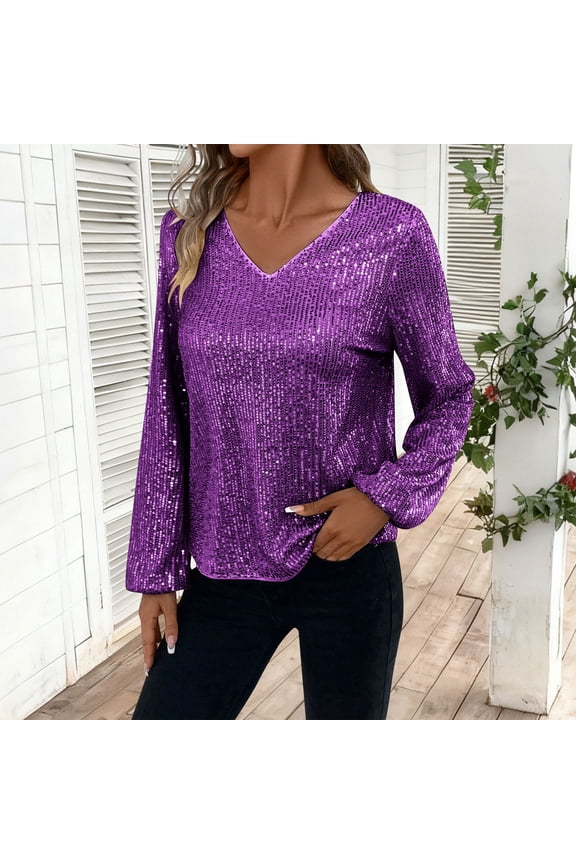 Women's Sequin Shirts,Long Sleeve V Neck Sparkly Top,Casual Trendy T Shirts Purple,Womens Plus S