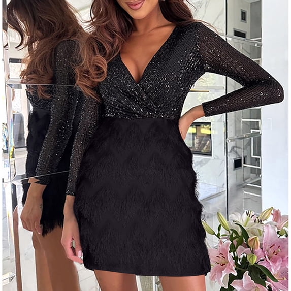ClodeEU Women's Sequin V Neck Long Sleeve Dress ,Glitter Jumper Dresses Wrap Ruched Bodycon Mini Dress Black,Womens Plus S