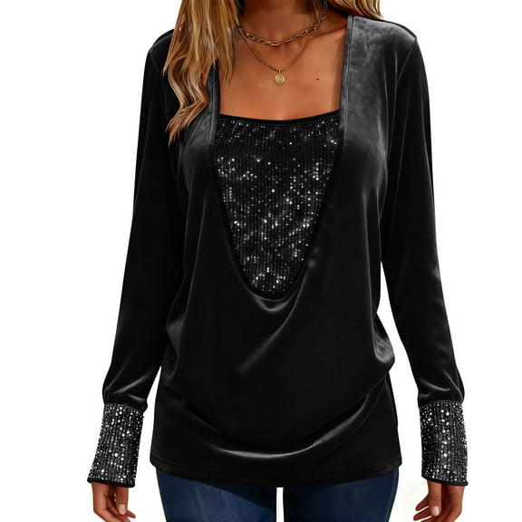 ClodeEU Women's Sequin and Velvet Shirt with Square Neck, Long Sleeve Trendy Tunic Top Black,Womens Plus L