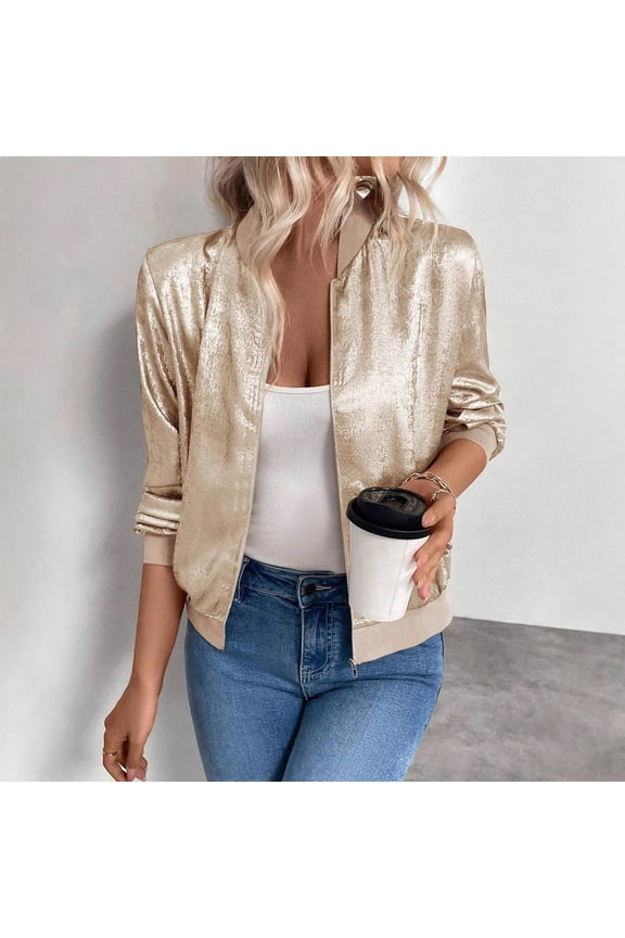 Women's Sequined Jacket,Long Sleeved Zipper Jacket Coat，Lightweight Casual Fashion Jacket Gold,Womens Plus L