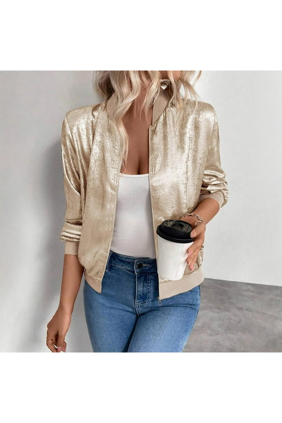 Women's Sequined Jacket,Long Sleeved Zipper Jacket Coat，Lightweight Casual Fashion Jacket Gold,Womens Plus XXL