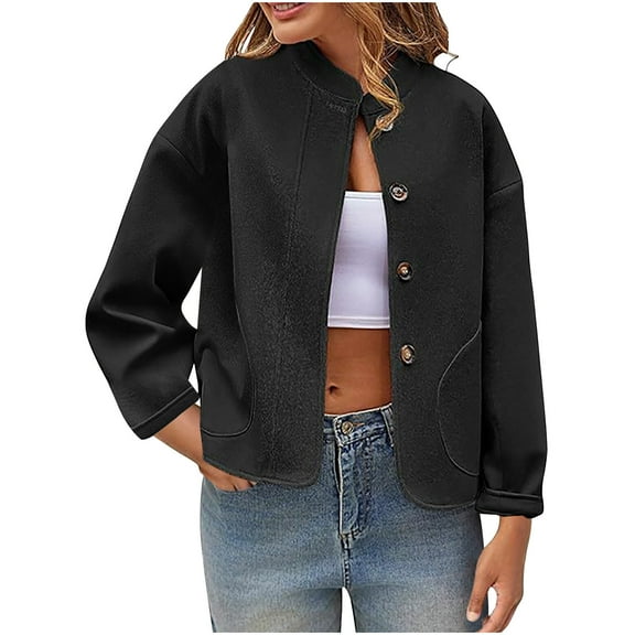 ClodeEU Women's Short Plush Buttoned Jacket,Long Sleeve Cropped Blazers Tops ,Fall Solid Color Jacket Black,Womens Plus S