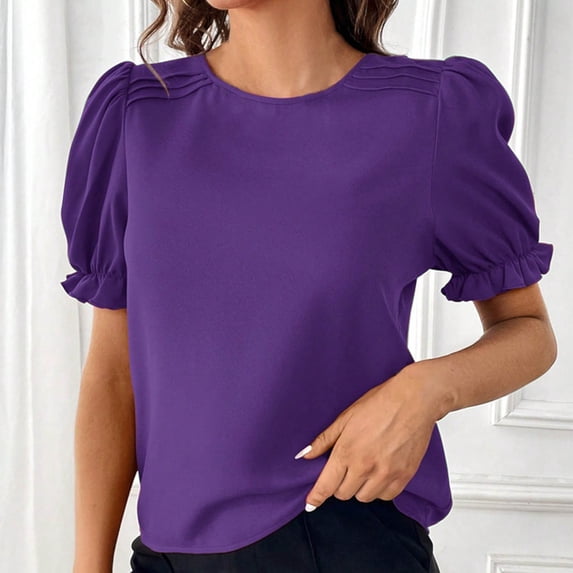 ClodeEU Women's Short Puff Sleeve Round Neck Blouse,Elegant Casual Office Pleated Trendy Summer Tee Top Purple,Womens Plus S