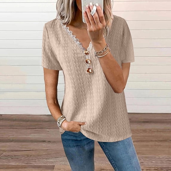 ClodeEU Women's Short Sleeve Button Down T Shirts,Summer Casual Trendy Tunic Tee Khaki,Womens Plus XL