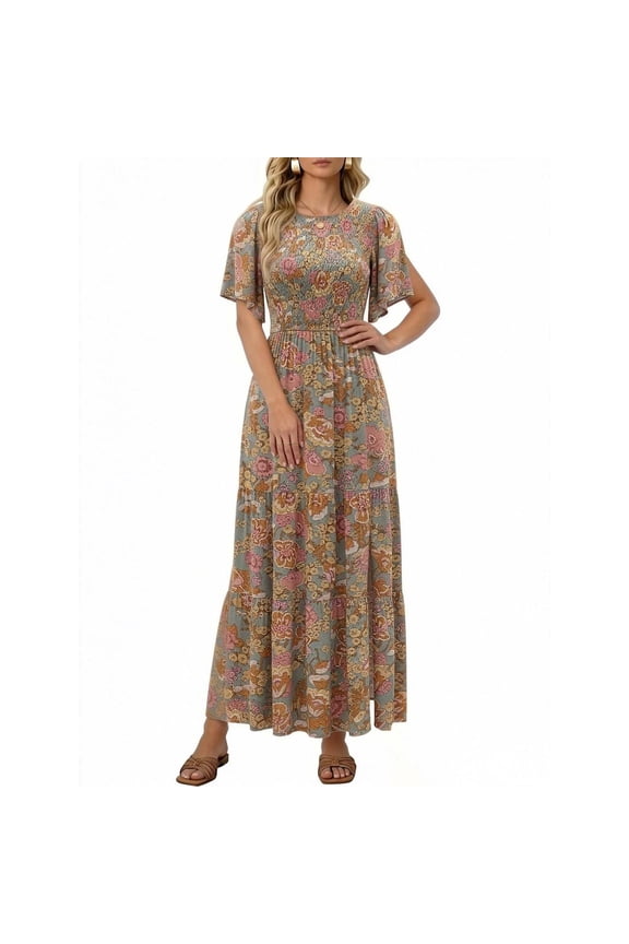 Women's Short Sleeve Crewneck Bohemian Beach Maxi Dress , Casual Boho Summer Dress Khaki,Women's Plus L